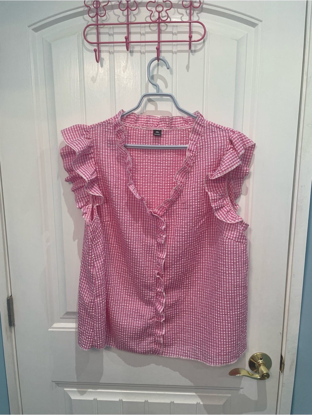 SHEIN Pink Ruffle-Trim Blouse